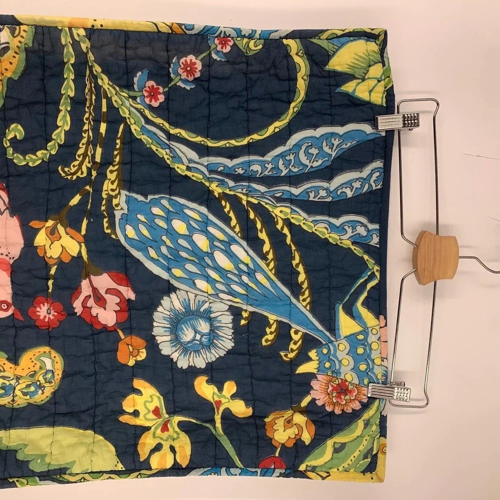 Pottery Barn Kantha Bird‎ Floral Quilted Pillow Sham Navy White Cotton Tie